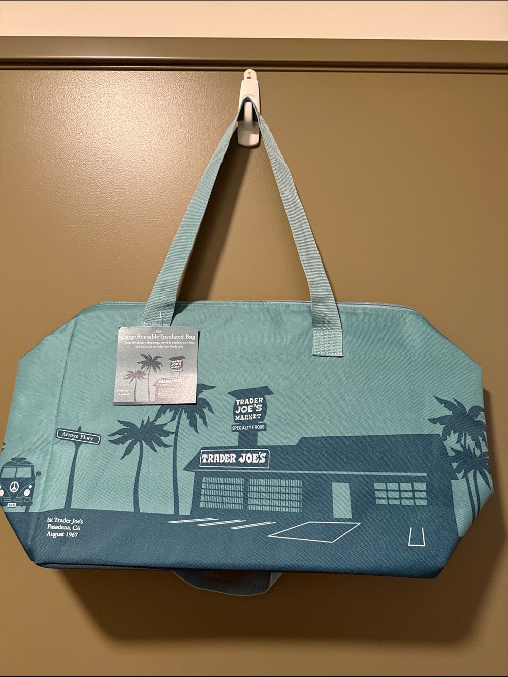 Trader Joe's Light Blue Reusable Tote Bag with Palm Graphic
